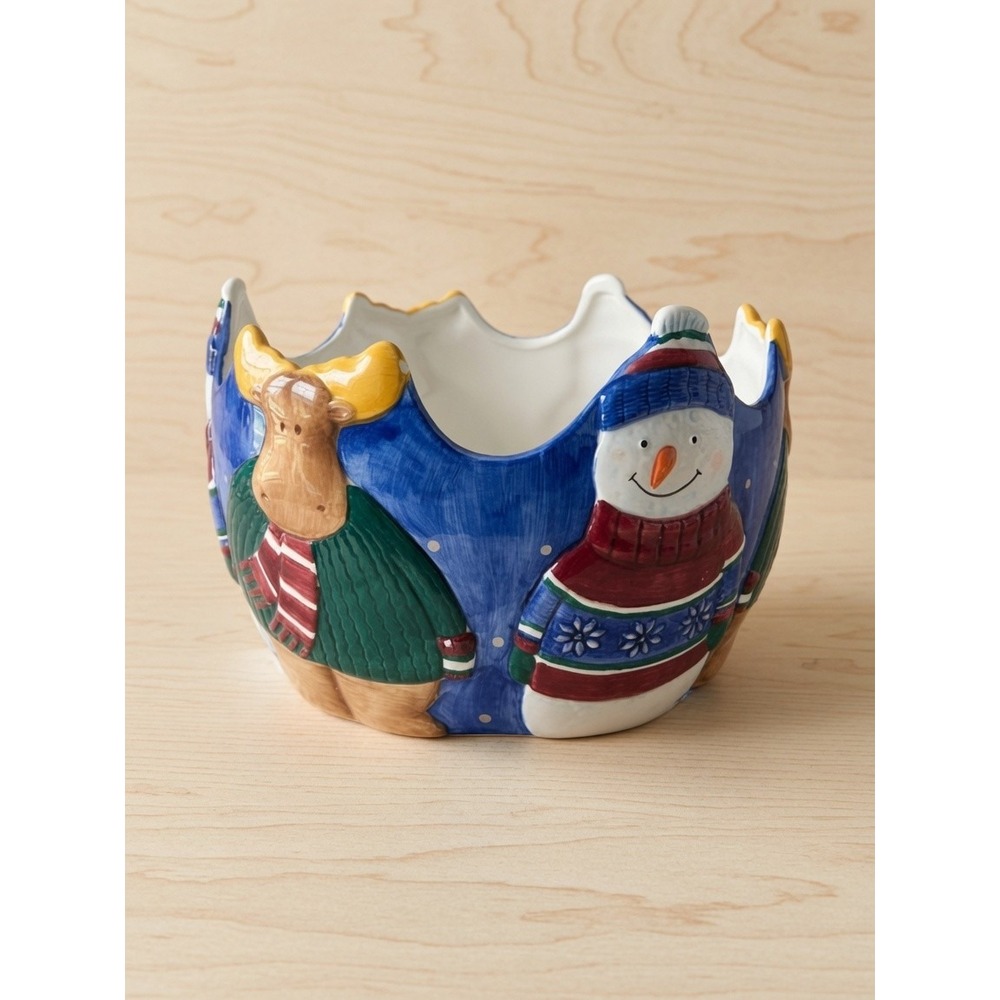 St Nicholas Square 1998 Vintage Christmas Ceramic Bowl Snowman Moose Sweater